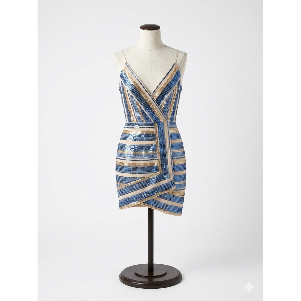 RYSE the Label Sequin Mini Dress Blue Cream Gold Striped Prom V-Neck Small NWT